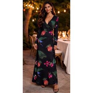 Soft Surroundings Black & Tropical Print Faux Wrap Maxi Dress - Tall Medium